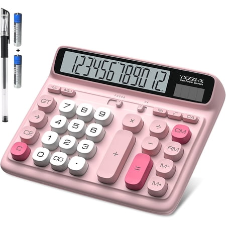 Desktop Calculator with Extra Large 5-Inch LCD Display, 12-Digit Two Way Power Solar & Battery Office Calculator with Big Buttons for Business, Accounting & Home Use(Pink)