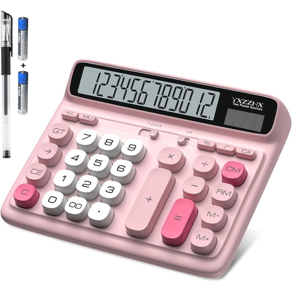Desktop Calculator with Extra Large 5-Inch LCD Display, 12-Digit Two Way Power Solar & Battery Office Calculator with Big Buttons for Business, Accounting & Home Use(Pink)