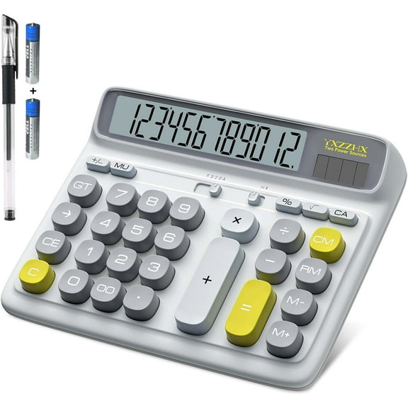 Desktop Calculator with Extra Large 5-Inch LCD Display, 12-Digit Two Way Power Solar & Battery Office Calculator with Big Buttons for Business, Accounting & Home Use(White)
