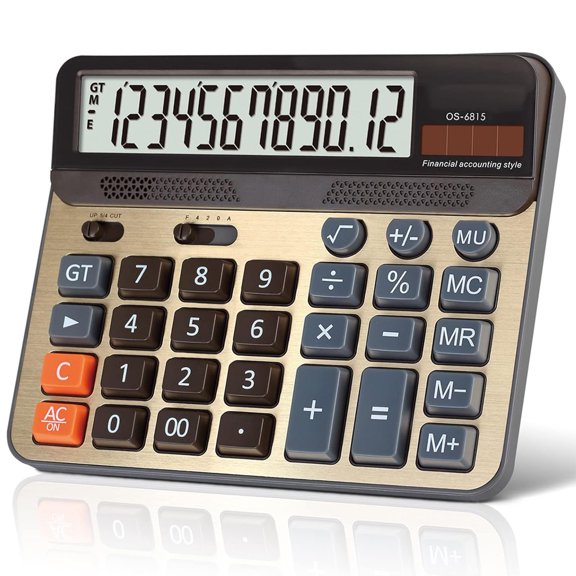 Desktop Calculator Extra Large 5 Inch Lcd Display 12-Digit Big Button Giant Accounting Calculator, Battery & Solar Powered For Office Business Home - gold