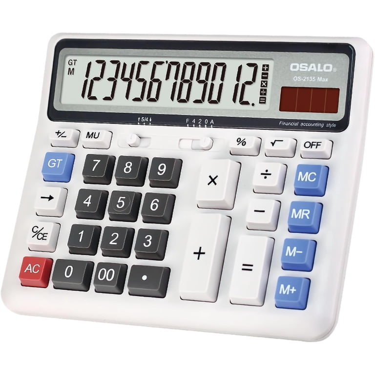 12-Digit Desktop Calculator With Large Buttons - Battery & Solar Powered For Home & Office Use