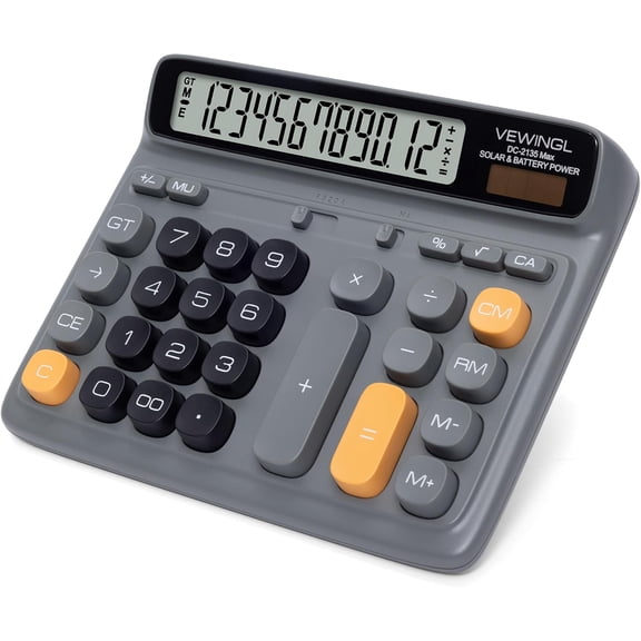 Desktop Calculator with Extra Large LCD Display, 12-Digit Dual Power Solar & Battery Calculator, Big Button Office Calculator for Accounting, Home, School & Business Use (Charcoal Gray)