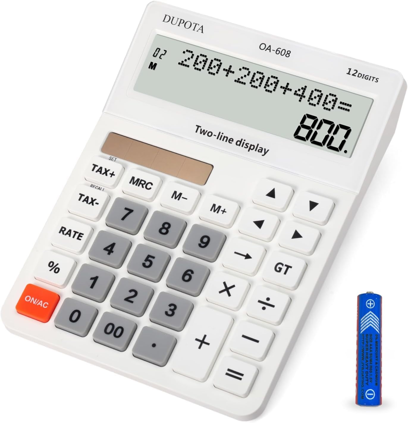 Desktop Calculator Large Display Big Buttons with 12 Digits 2-line LCD, Dual Solar Power and Battery, Tax Check Function for Office, Home, School Business Size（OA-608）