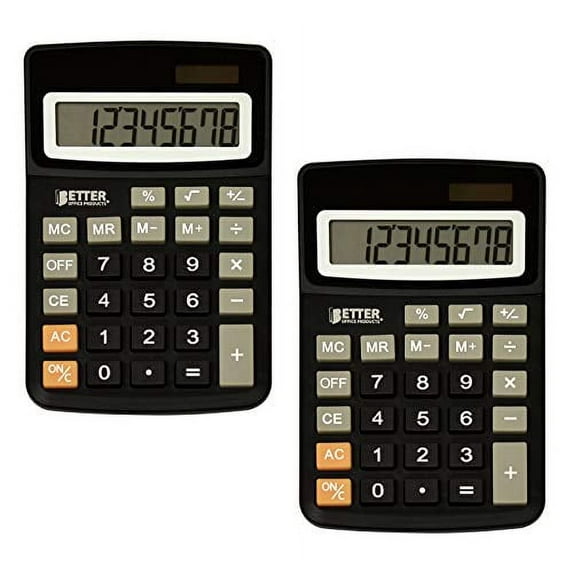 Desktop Calculators, Handheld Angled 8-Digit LCD Display, 2 Pack, by Better Office Products, Standard Function, Black, Dual Power with Included Button Battery, 2 Pack