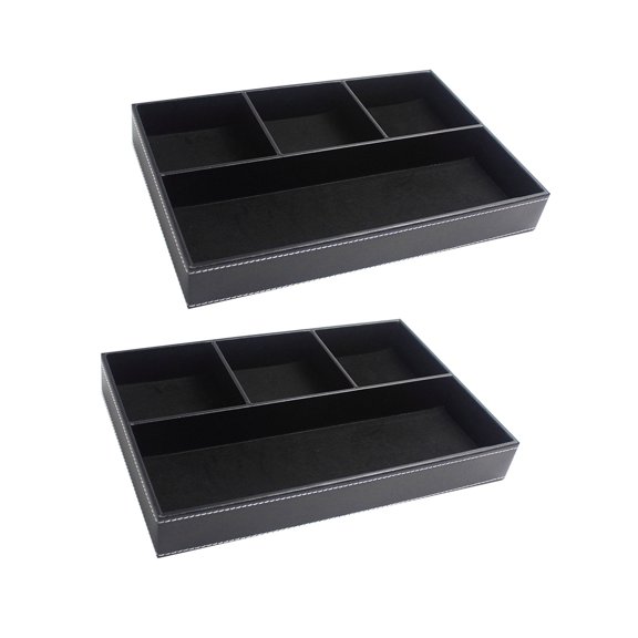Desktop Catchall Tray Set of 2, Flat-Base PU Leather Trays with Open Sections for Keys, Eyewear, and Stationery