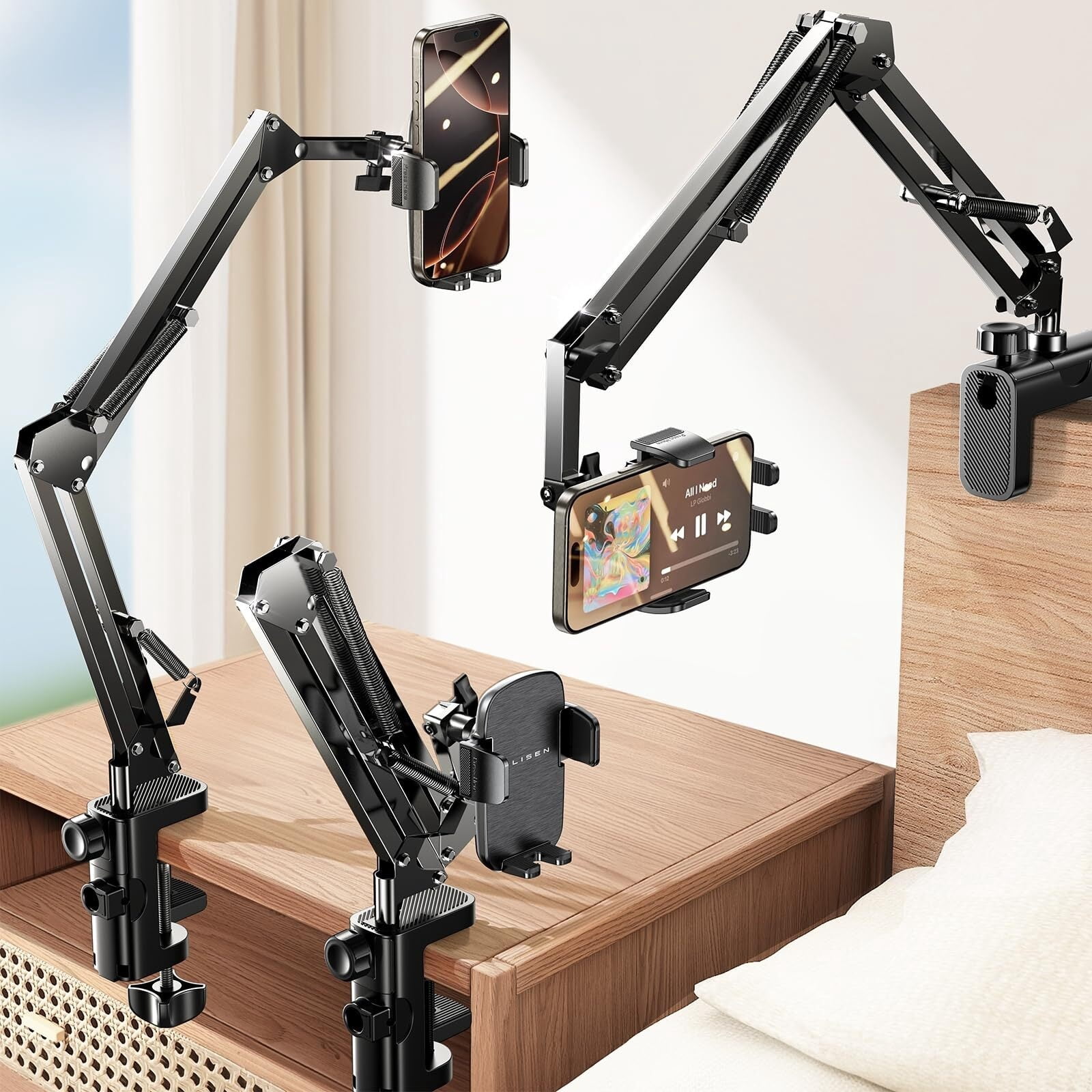 Desktop Cell Phone Holder, Gooseneck iPhone Holder for Shooting, Laying Down, Bed Accessories Flexible Arm Clip Holder