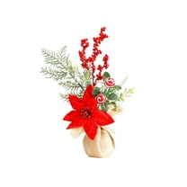Desktop Christmas Decoration Featuring Artificial Poinsettia Floral Arrangement With Pine Branch And Berry Accents, Small Burlap Wrapped Tabletop Ornament Suitable For Home And