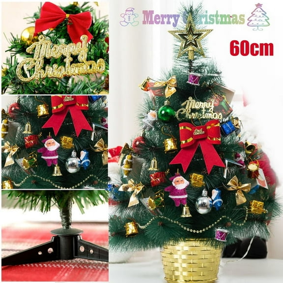 Desktop Christmas Tree,24 Inch Mini Artificial Xmas Tree with LED String Lights and Hanging Ornaments