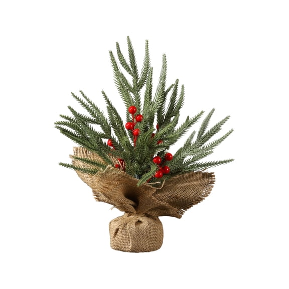 Desktop Christmas Tree with Red Berries Pine Cones and Burlap Base Small Artificial Tree for Home Office and Holiday Decor, Holiday Tabletop Ornament, Home Office Christmas Decor