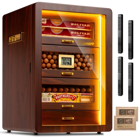 Desktop Cigar Humidor Cabinet Triple-Sided Light with Digital Hygrometer, Humidifier and Humidity Packs. 4 Cedar Wood Drawers, Cigar Humidor Box can Hold 200 Cigars. Present for Men