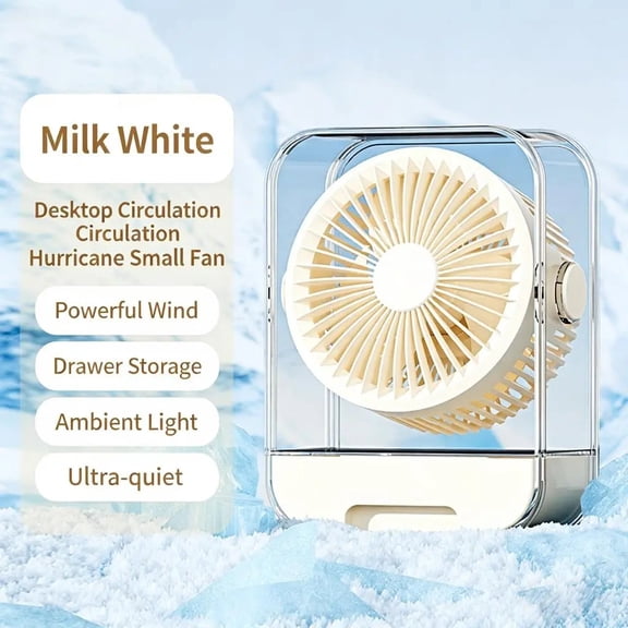 Desktop Circular Fan with USB Rechargeable, Compact 5-Speed Personal Fan with Storage Box, Portable Air Circulator for Office, Home, Travel, Ultra-Quiet Cooling Fan with Adjustable Airflow(White)