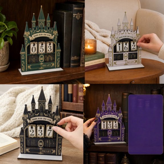 Desktop Counter,Castle Shaped Reading Tracker Wooden Number Tile Statue,Goal Recording Decor For Study Bookshelf Classroom Library Nook(Black)
