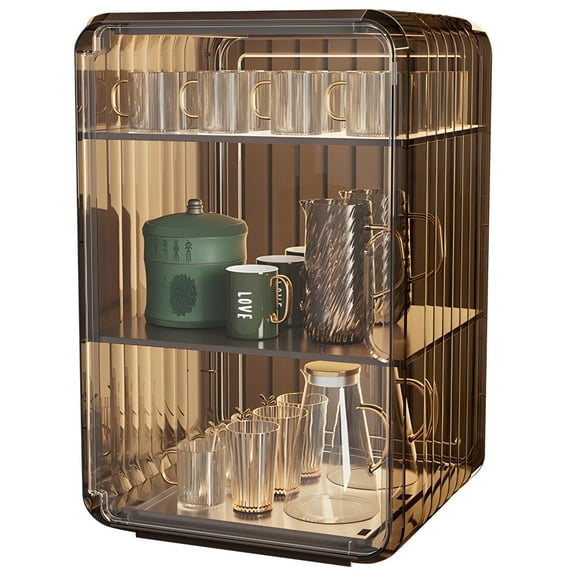 3 Tier Dustproof Cup Storage Cabinet - Transparent Desktop Cup Organizer with Adjustable Shelves | Glass & Mug Storage Cabinet for Office/Bar/Kitchen Countertop