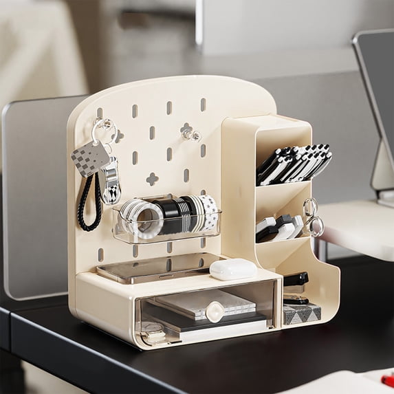 Desktop Desk Organizer with Drawers and Pegboard Hooks, Plastic Desktop Storage Rack for Office Supplies, Study Table, Makeup and Small Accessories