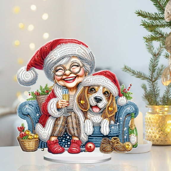 Desktop Diamond Art Painting Kit, Old Man Sitting on Couch and Christmas Puppy DIY Desktop Decorations Decorations, Acrylic Special Shape Diamond Art, Suitable for Home Decoration Ornaments and Gifts
