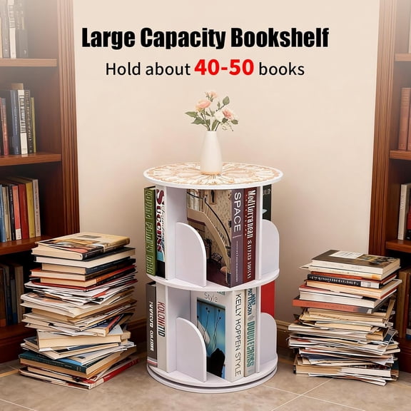 Desktop Double-Layer Rotating Bookshelf Tower 360 Rotating Storage Rack with 8 Shelves for Books and Decor