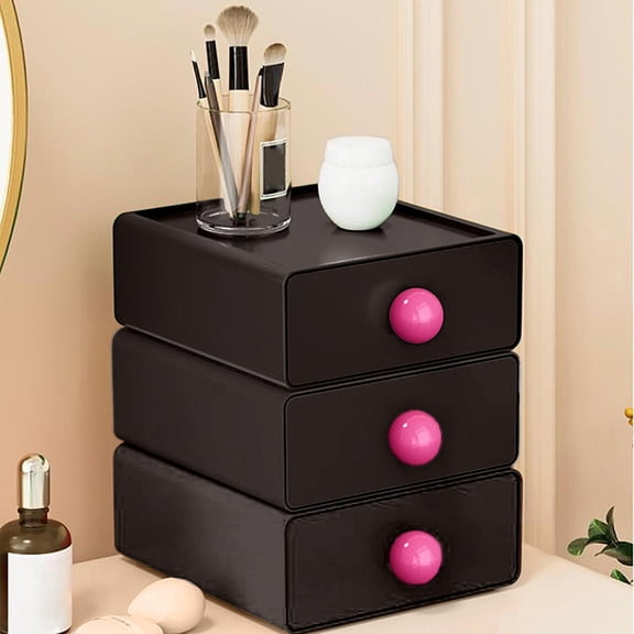 Desktop Drawer Organizer with Knobs, 7.9 Inch Plastic Makeup Storage Box, Stackable Modular Stationery Case at Home Office Workspace and Vanity Decor