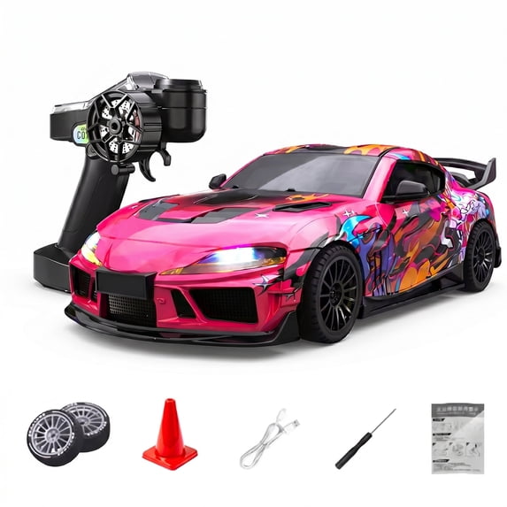 Desktop Drift RC Car for Adults, 1/43 Scale 2.4G Full Proportional Remote Control Vehicle with Gyro & 8 Light Modes, Waking Lion Racing Sport Cars, Pink