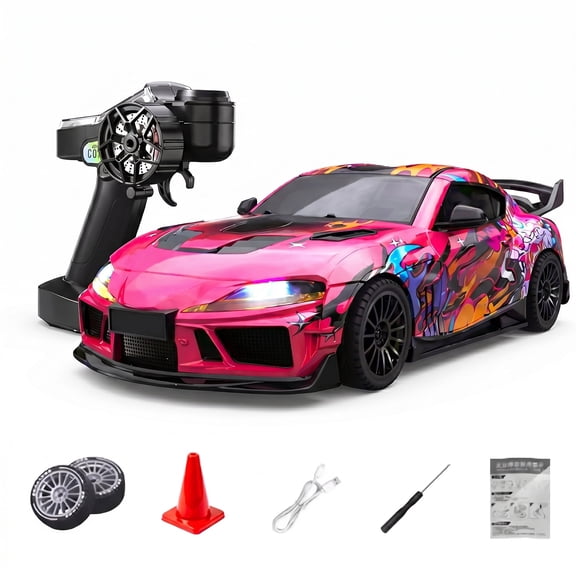 Desktop Drift RC Car for Adults, 1/43 Scale 2.4G Full Proportional Remote Control Vehicle with Gyro & 8 Light Modes, Waking Lion Racing Sport Cars, Pink