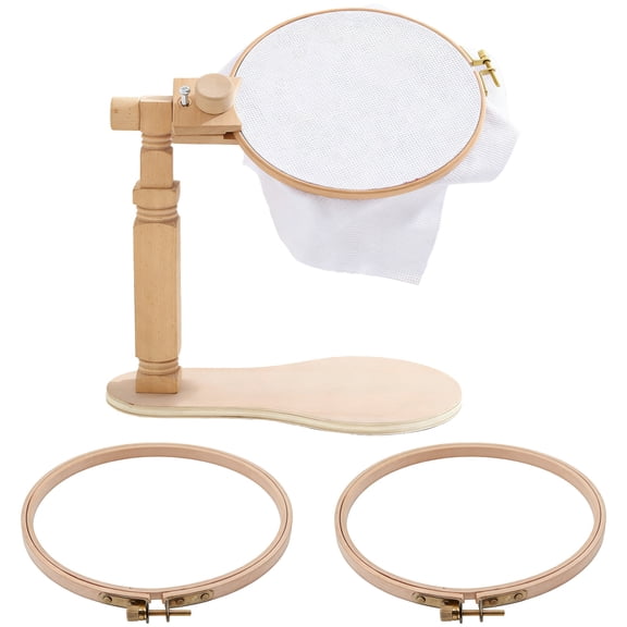 Desktop Embroidery Hoop Stand, Beech Wood Adjustable Rotated Cross Stitch Holder, Hands-Free Needlework Clamp with 360° Rotation, Includes 5.9 & 7.9 in Hoops, Overall Height 12.2-16.5 in