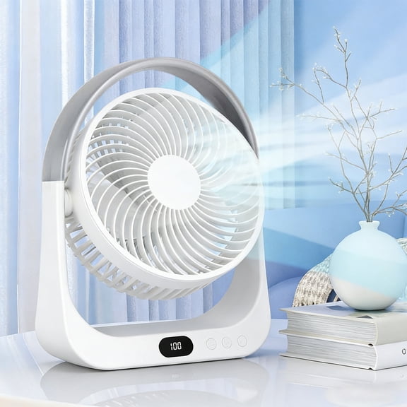 Desktop Fan with 5 Level Strong Wind Speeds, Built in Rechargeable Battery, High Power Airflow, Portable for Outdoor Gatherings, Sturdy Tabletop Structure for Reliable Summer Cooling, White