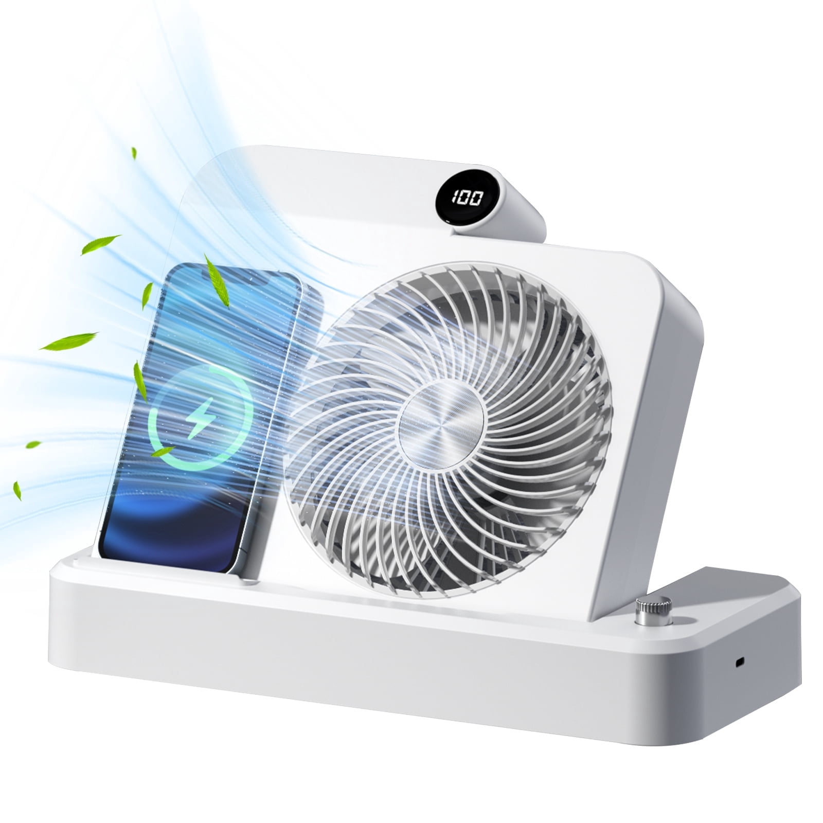 Desktop Fan for Bedroom, 10-Inch 100 Speeds Table Fan with Wireless Charger, LED Display Rechargeable Battery Operated Fan, Foldable Portable Fan, Air Circulation Fan for Home Office Travel