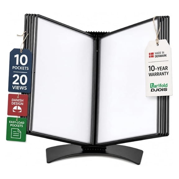 Desktop File Organizer 10 Pocket Display System - 20 Sheet Capacity Letter Size - Durable Metal Base & Polypropylene Pockets - Black Reference Holder for Office & Home