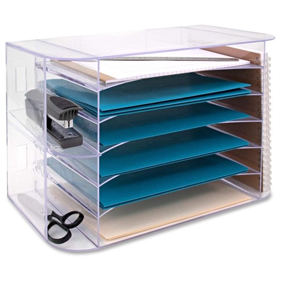 Desktop File Sorter, Clear - Jumbo Organizer with 6 Trays & 3 Pockets - Letter Size Document & Envelope Holder for Desk or Wall Mount - Office Supplies