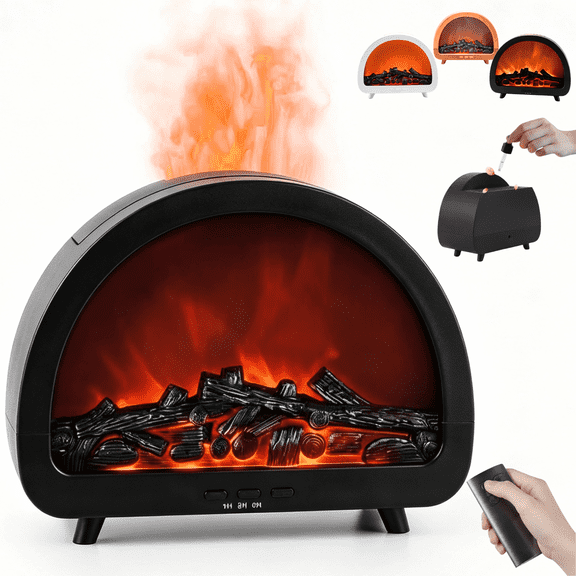 Desktop Fireplace Essential Oil Diffuser Noiseless Cool Mist Humidifier 12 Colors Firelight Flame Remote Control Auto Off Timer for Home Office