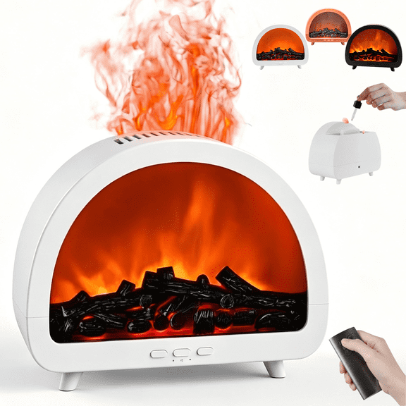 Desktop Fireplace Essential Oil Diffuser Noiseless Cool Mist Humidifier 12 Colors Firelight Flame Remote Control Auto Off Timer for Home Office