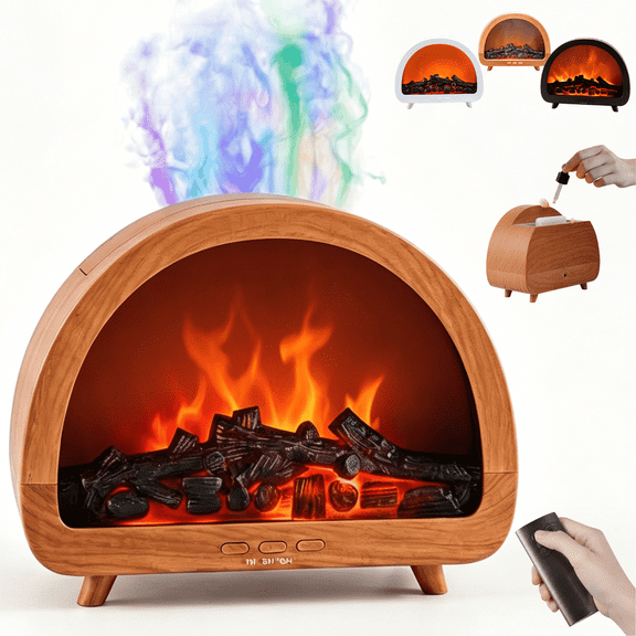Desktop Fireplace Essential Oil Diffuser Noiseless Cool Mist Humidifier 12 Colors Firelight Flame Remote Control Auto Off Timer for Home Office