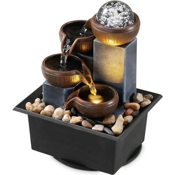 Desktop Fountain Level 4 Tabletop Waterfall - LED Lights, Indoor, Brown, 1 Piece