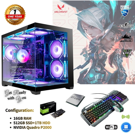 Desktop Gaming PC, AMD Ryzen 5 PRO 2400G,NVIDIA Quadro P2000, 16GB RAM, 512GB SSD + 1TB HDD, WiFi 6, Windows 11