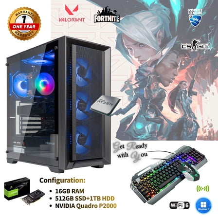 Desktop Gaming PC, AMD Ryzen 5 PRO 2400G,NVIDIA Quadro P2000, 16GB RAM, 512GB SSD + 1TB HDD, WiFi 6, Windows 11