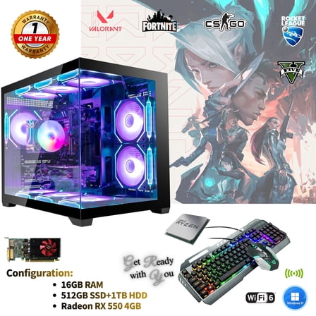 Desktop Gaming PC, AMD Ryzen 5 PRO 2400G, Radeon RX 550 4GB, 16GB RAM, 512GB SSD + 1TB HDD, MegaCool 10Fan Edit ,WiFi 6, Windows 11,RGB Keyboard Mouse