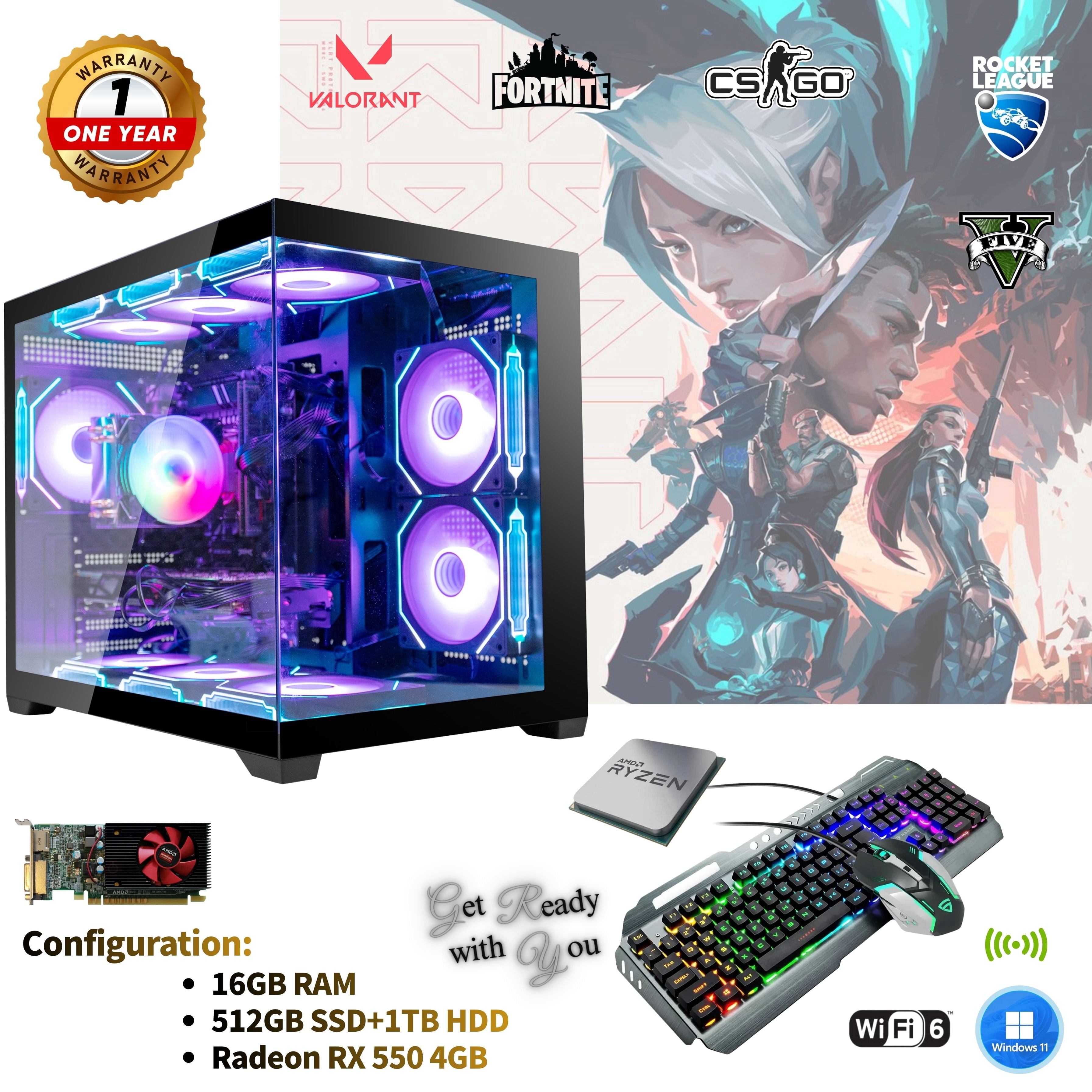 Desktop Gaming PC, AMD Ryzen 5 PRO 2400G, Radeon RX 550 4GB, 16GB RAM, 512GB SSD + 1TB HDD, MegaCool 10Fan Edit ,WiFi 6, Windows 11,RGB Keyboard Mouse