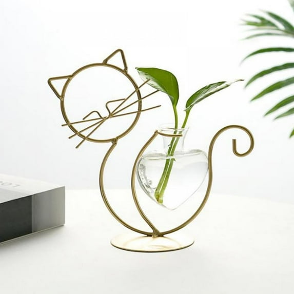 Desktop Glass Planter Vase Holder, Cat Plant Terrarium Metal Stand for Hydroponics Plants Home Garden Wedding Decoration Outdoor Planter