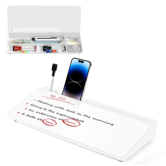 Paporia Desktop Glass Whiteboard with Storage, Small Dry Erase Board for Office and Home