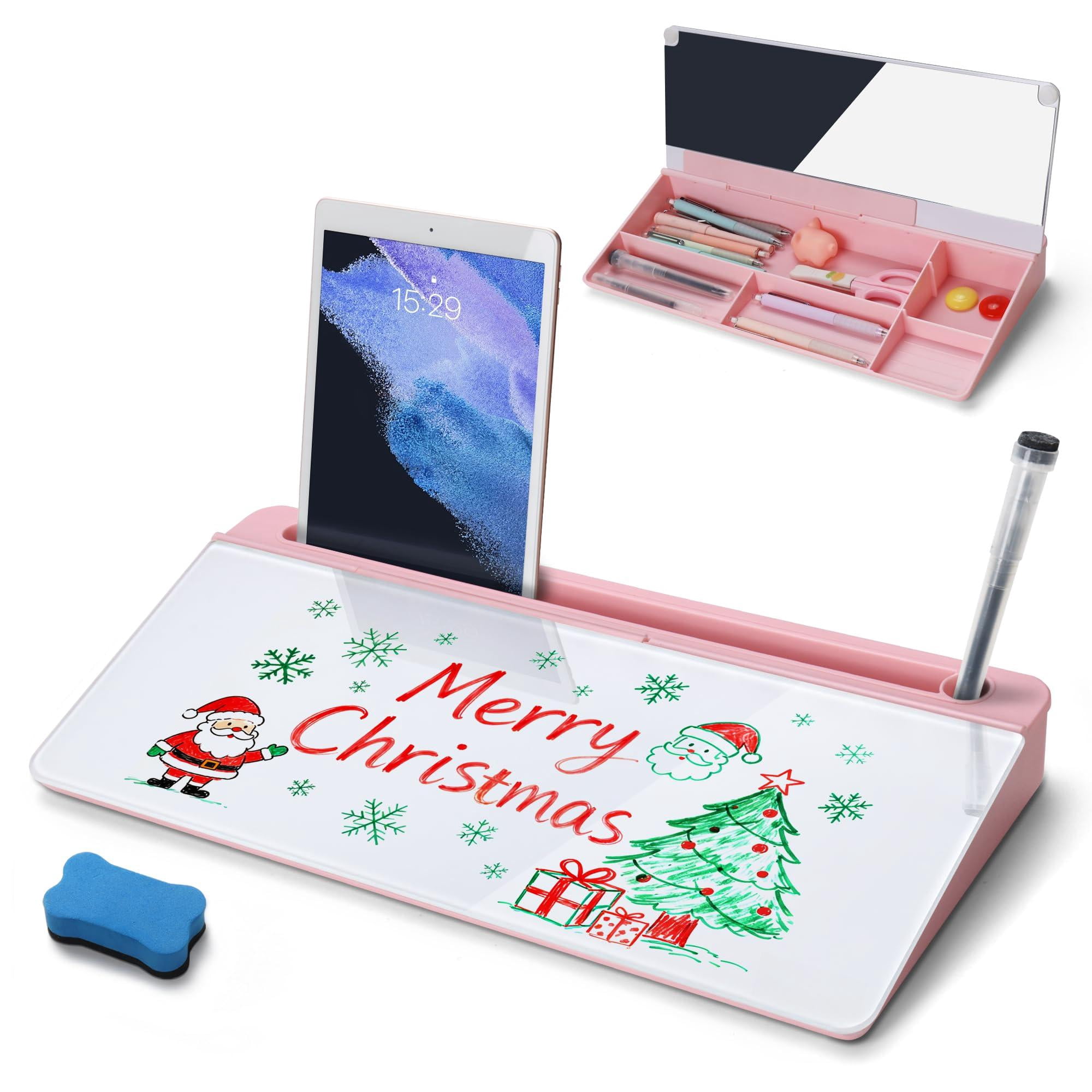 Desktop Glass Whiteboard With Organizer & Built-in Mirror - Small Dry Erase White Board Computer Pad Stand Markers  Eraser Holder For Women Pink