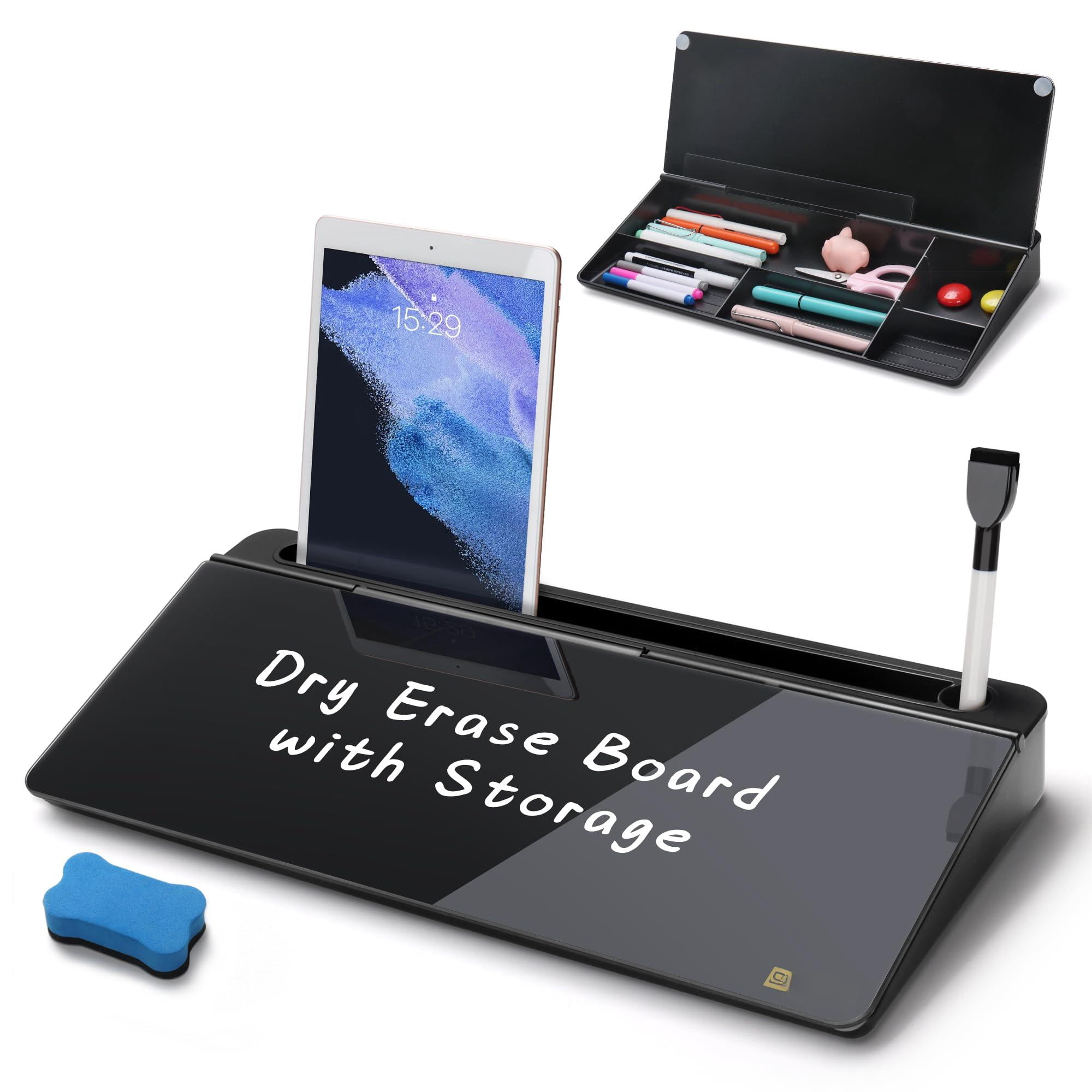 Desktop Glass Whiteboard With Organizer  Markers Eraser - Dry Erase Board Computer Pad Stand Drawer And Holder For Home School Office Black