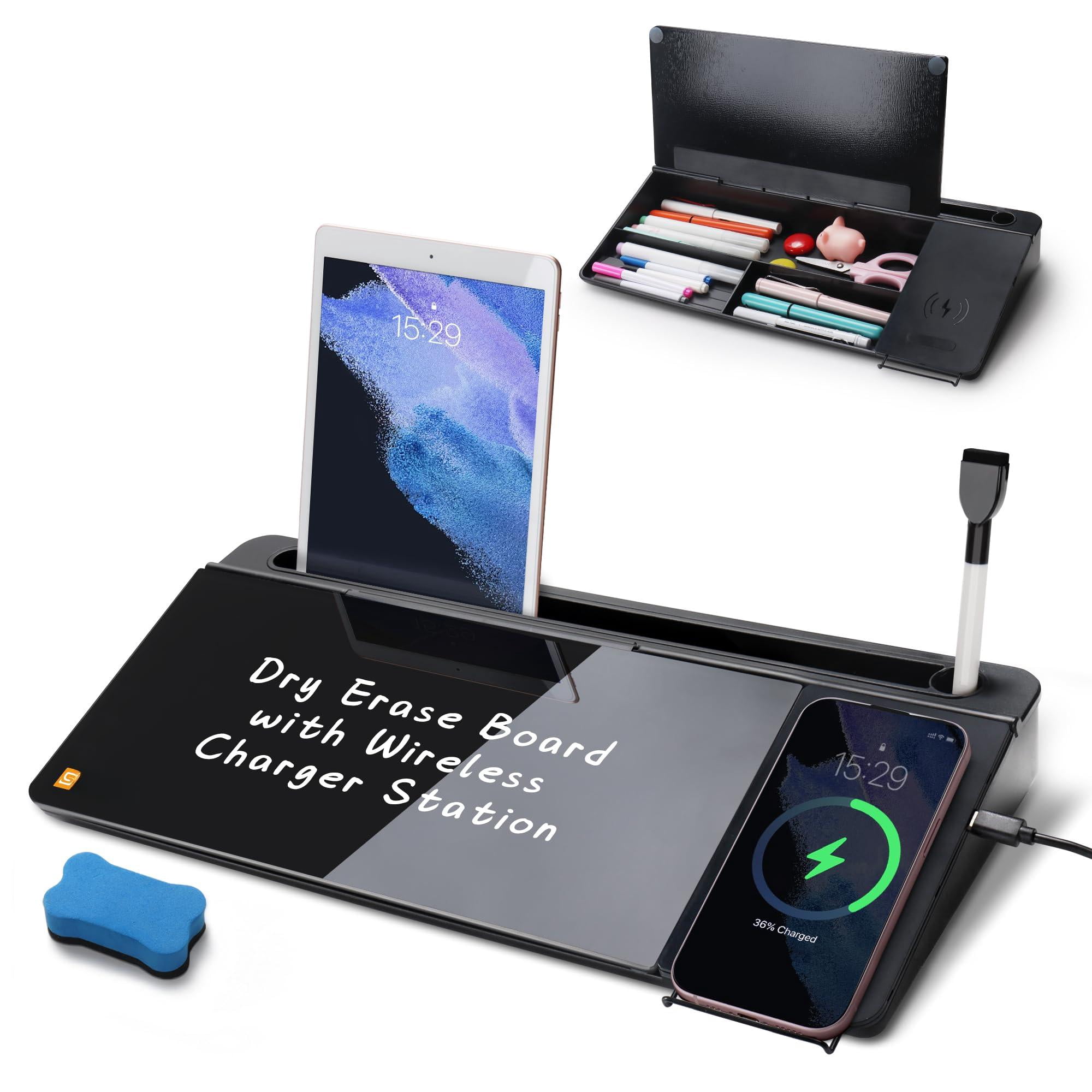 Desktop Glass Whiteboard With Wireless Station  Dry Erase Board Computer Pad Stand Organizer For Home School Office Desk Accessories Black