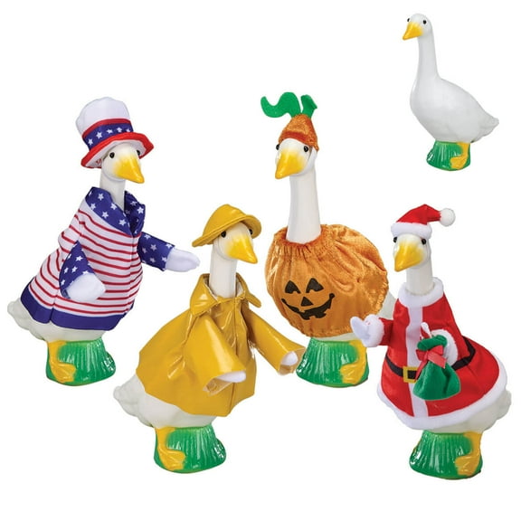 Gaggleville 7" Desktop Goose Figurine with All Seasons Outfit Bundle Includes 4 Adorable Seasonal Costumes for Spring, Summer, Fall & Winter Fun Indoor Dcor & Gift Idea by Fox Valley Traders