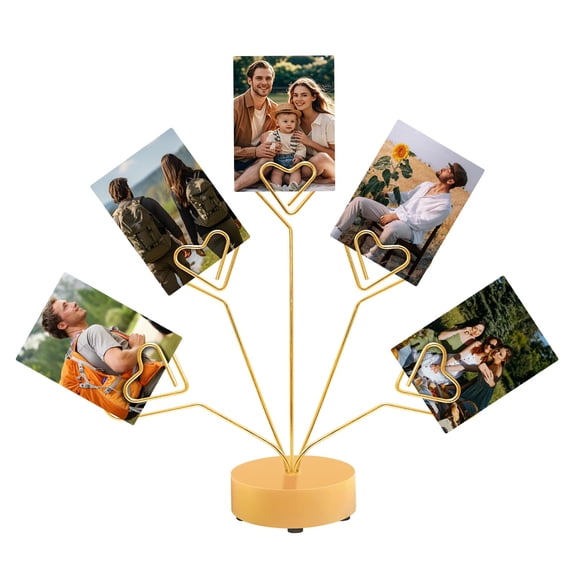 Desktop Heart-Shaped Photo Tree Style Holders Round Base,5-Branch Family Picture Frame Clips Holder Desk Card Display Stand for Christmas,Wedding, Birthday Party,Gift