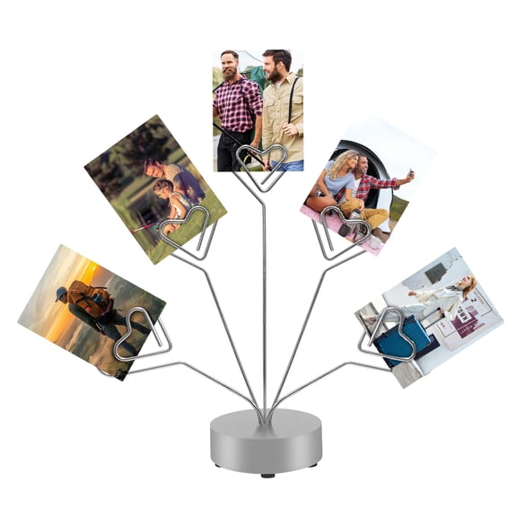 Desktop Heart-Shaped Photo Tree Style Holders Round Base,5-Branch Family Picture Frame Clips Holder Desk Card Display Stand for Christmas,Wedding, Birthday Party,Gift