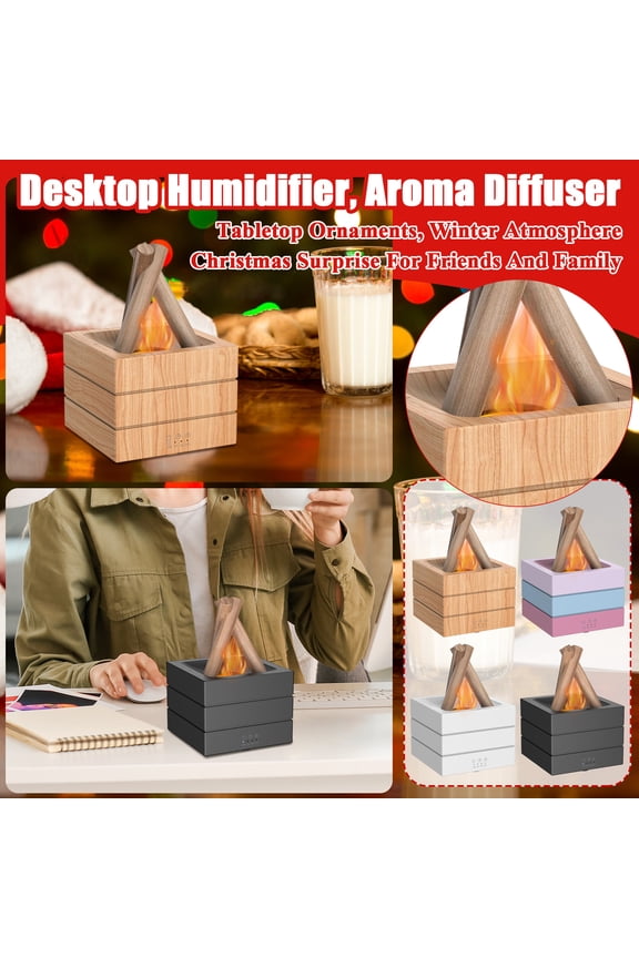 Desktop Humidifier Aroma Diffuser Tabletop Ornament 4 In 1 Function With Realistic Flickering Flame Ambiance Smart Remote Control 280Ml Quiet Mist For Home Office Winter