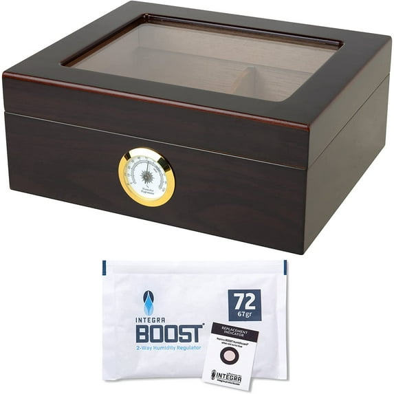 Desktop Humidor, Capri, with Tempered Glasstop, Includes a 67g Intregra Boost 72% Humidity Pack, Cedar Divider, and Brass Ring Glass Hygrometer, Holds 30 to 55 Cigars