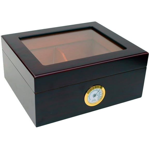 Desktop Humidor w/Hygrometer – Holds 25-50 Cigars – Cigar Aficionado Set Includes: Tempered Glass Top, Hygrometer, Dehumidifier, Divider – Interior: Spanish Cedar – Exterior: Mahogany Finish