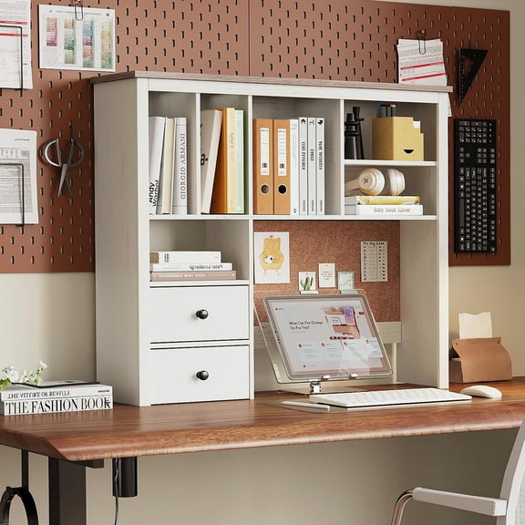 Desktop Hutch Bookshelf with Cork Board for Photos and Reminders, White Desk Organizer with Drawers and Shelves, Study Desk Hutch for College Dorm, Student Bedroom, Compact Study Spaces