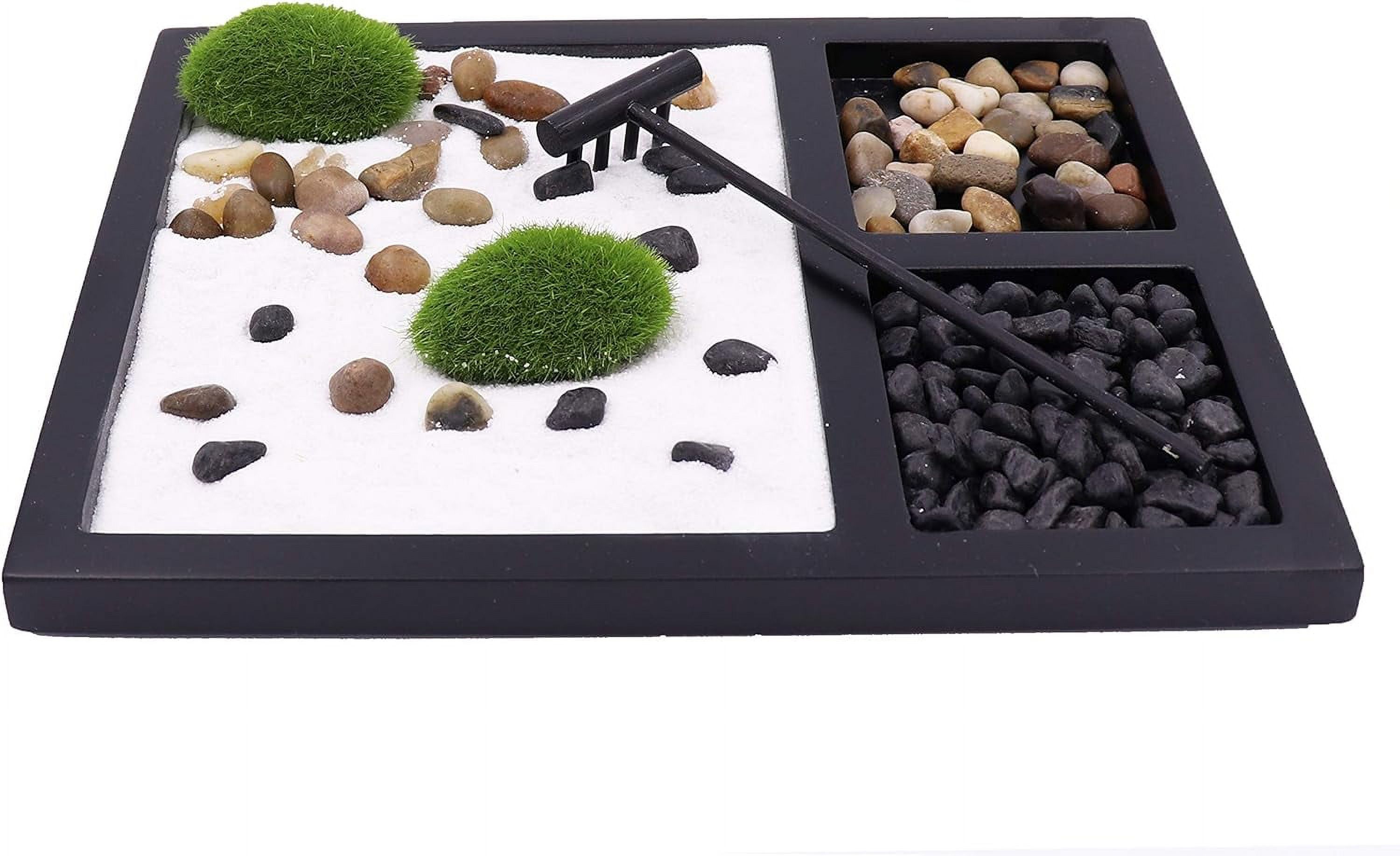 Desktop Japanese Zen Garden with Rake 2 Types Stones 2 Grass Decor