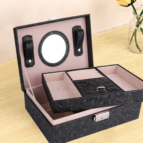 Desktop Jewelry Organizer with Lock and Mirror, Travel Jewelry Case Leather Storage Box with 2-Layer Display for Earrings Bracelets Rings Watches, 9.1"x6.7"x3.3", 1 Pack, Black